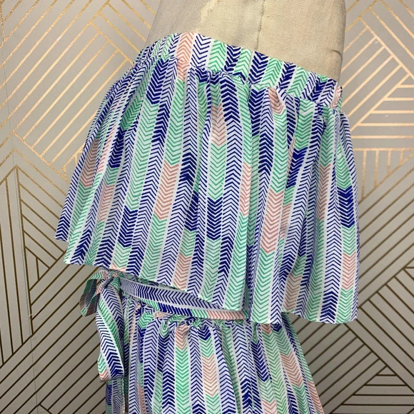 Lemlem Gigi Silk Strapless Romper in Blue Green‎ Chevron Print Size US Small - Picture 4 of 11